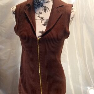 Jones Wear Dark Brown Ribbed Sleeveless Zip Vest with Gold Hardware